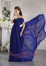 Formal Blue Empire One Shoulder Brush Train Chiffon Ruch Prom / Graduation Dress