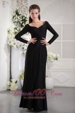 Formal Black Column V-neck Long Sleeves Floor-length Taffeta Ruch Mother of the Bride Dress