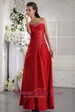 Formal Wine Red Column / Sheath Strapless Ankle-length Taffeta Beading Prom / Evening Dress