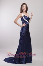 Formal Navy Blue Column/Sheath One Shoulder Brush Train Taffeta Ruch Prom Dress