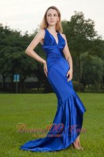 Formal Royal Blue Mermaid V-neck Brush Train Chiffon Ruch Prom / Celebrity Dress