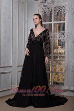 Formal Sexy Black Mother Of The Bride Dress A-line V-neck Chiffon Beading Court Train