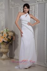 Formal Modern White Column Prom Dress One Shoulder Beading Brush Train Chiffon