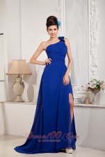 Formal Modest Royal Blue A-line / Princess Prom Dress One Shoulder Chiffon Beading and Bow Brush Train