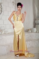 Formal Discount Gold Empire Prom Dress Straps Beading Brush Train Taffeta