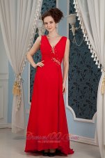 Formal Sweet Red Column Prom Dress V-neck Beading Brush Train Chiffon
