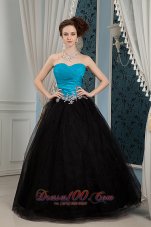 Formal Inexpensive Blue and Black Prom Dress A-line Sweetheart Beading Floor-length Organza and Tulle