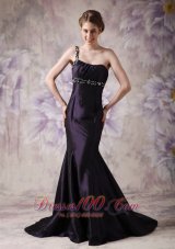 Celebrity Modest Dark Purple Mermaid Evening Dress One Shoulder Satin Beading Brush Train