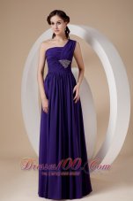 Celebrity Purple Column / Sheath One Shoulder Floor-length Chiffon Beading Prom Dress
