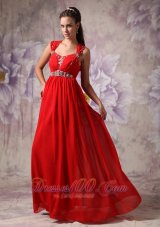 Celebrity Red Empire / Princess Straps Floor-length Chiffon Beading Prom Dress