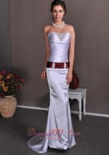 Celebrity Lilac Column Strapless Brush Train Elastic Wove Satin Beading and Ruch Prom Dress