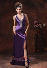 Celebrity High Slit V-neck Beaded Decorate Shoulder Purple For Custom Made Evening Dress