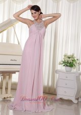 Celebrity Baby Pink Halter Beaded Chiffon 2013 Prom Dress With Brush Train