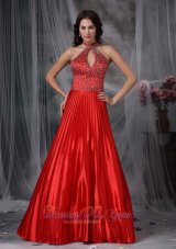 Celebrity Red A-line High-low Floor-length Elastic Woven Satin Beading Prom Dress