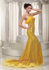 Celebrity Yellow Mermaid Straps Brush Train Sequin Prom Dress