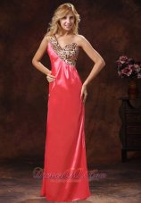 Celebrity 2013 Watermelon Red One Shoulder Leopard and Silk Like Satin Mother Of The Bride Dress For Custom Made