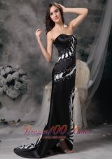 Celebrity Luxurious Black Column Prom Dress Strapless Brush Train Satin and Zebra Beading