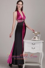 Celebrity Fuchsia Empire Halter Ankle-length Elastic Woven Satin Beading Prom Dress