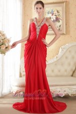 Celebrity Red Column Halter Chapel Train Chiffon Beading and Ruch Prom Dress