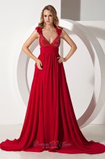 Celebrity Wine Red A-line Straps Brush Train Chiffon Beading Prom Dress