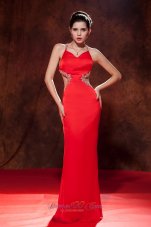 Celebrity Sexy Red Spaghetti Straps Prom Dress Brush Train Elastic Wove Satin Beading Column / Sheath
