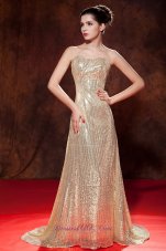 Celebrity Luxurious Champagne Evening Dress Empire Sweetheart Sequin Brush Train
