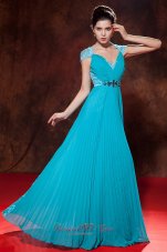 Celebrity Elegant Teal Prom Dress Empire V-neck Beading and Pleat Floor-length Chiffon