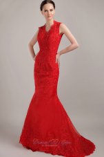 Celebrity Wonderful Red Mermaid V-neck Brush Lace Prom Dress