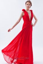 Celebrity Red Empire V-neck Floor-length Chiffon Beading Prom Dress