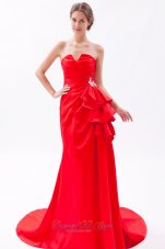 Celebrity Red A-line / Princess Strapless Brush Train Satin Beading Prom Dress