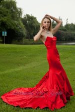 Celebrity Red Mermaid Sweetheart Court Train Red Taffeta Prom Dress