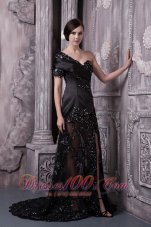 Celebrity Black Mother Of The Bride Dress For 2013 Column One Shoulder Brush Train Lace Beading