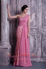 Celebrity Exclusive Rose Pink Column Prom Dress One Shoulder Beading Chiffon Floor-length