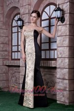 Celebrity Low price Black and Champagne Evening Dress Mermaid Strapless Embroidery Satin Floor-length