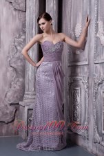 Celebrity Lavender Column Sweetheart Evening Dress Special Fabric and Chiffon Beading Brush Train