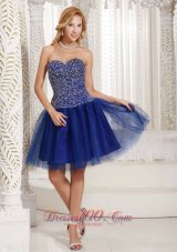 Peacock Blue Beaded Decorate Up Bodice Knee-length 2013 Prom Dress Sweetheart Tulle  Cocktail Dress