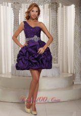 Eggplant Purple One Shoulder Beading and Pick-ups Mini-length Prom Dress For Party  Cocktail Dress