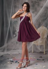 Sweet Dark Purple Short Prom Dress Empire One Shoulder Chiffon Appliques Mini-length  Cocktail Dress