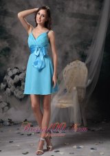 Lovely Aqua Blue Empire Straps Prom / Homecoming Dress Chiffon Bowknot Mini-length  Cocktail Dress