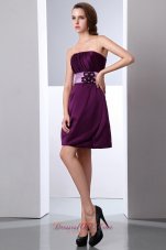 Dark Purple A-line Strapless Cocktail Dress Hand Made Flower and Ruch Mini-length Satin  Cocktail Dress