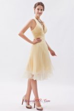 Champagne A-line / Princess Halter Ruch Prom Dress Organza Knee-length  Cocktail Dress