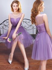 Comfortable Lavender Scoop Neckline Beading and Ruching and Belt Quinceanera Court of Honor Dress Sleeveless Lace Up