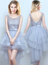 Adorable Scoop Lace and Ruffles and Belt Bridesmaid Dress Grey Lace Up Sleeveless High Low