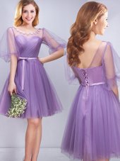 Scoop Half Sleeves Mini Length Lace Up Wedding Guest Dresses Lavender and In for Prom and Party and Wedding Party with Appliques and Ruching and Belt