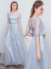 Scoop Short Sleeves Half Sleeves Floor Length Appliques and Belt Lace Up Bridesmaid Dress with Grey