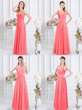 Gorgeous Sleeveless Floor Length Lace and Ruching Zipper Bridesmaid Dress with Watermelon Red