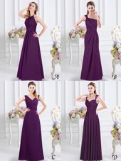 Halter Top Floor Length Purple Quinceanera Dama Dress Chiffon Sleeveless Lace and Ruching