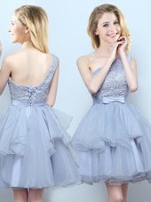 Grey A-line Organza One Shoulder Sleeveless Lace and Ruffles and Belt Mini Length Lace Up Damas Dress