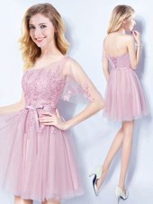 Extravagant One Shoulder Sleeveless Mini Length Appliques and Belt Lace Up Wedding Guest Dresses with Pink