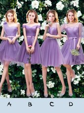 Lavender Vestidos de Damas Prom and Party and Wedding Party and For with Beading and Appliques and Ruffles and Ruching and Belt and Hand Made Flower One Shoulder Sleeveless Lace Up